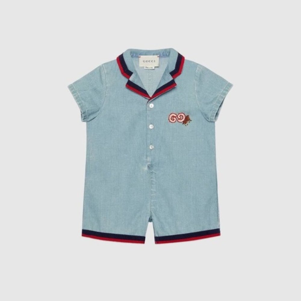 GUCCI Infant denim short sleeve button snap romper 3/6m